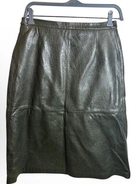 Vintage Jerry Lewis Genuine Leather Olive Green Paneled Midi Skirt Size 10